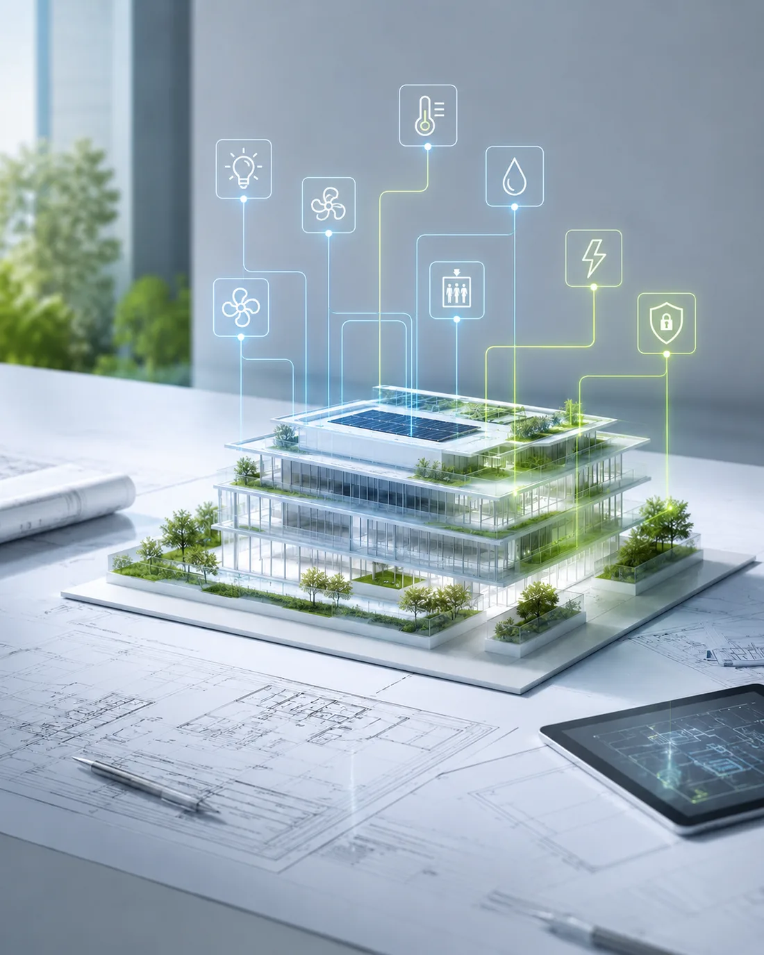 Modèle numérique de bâtiment avec technique du bâtiment en réseau au-dessus de plans de construction